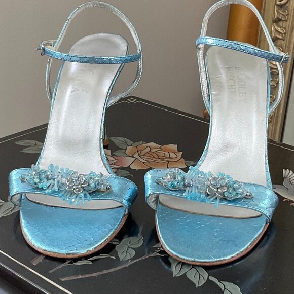 Y2K Badgley Mischka Slip-On Beaded Heel Sandals Buckle Strap Size 8US Blue - Picture 1 of 14